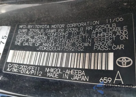 2007 Toyota Prius z USA, uszkodzony, nr VIN JTDKB20U477592182